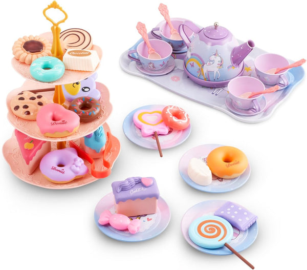 Unicorn Kids Tea Party Set - 50-Piece Unicorn Design Toy Tea Set For Kids 3-12 Years