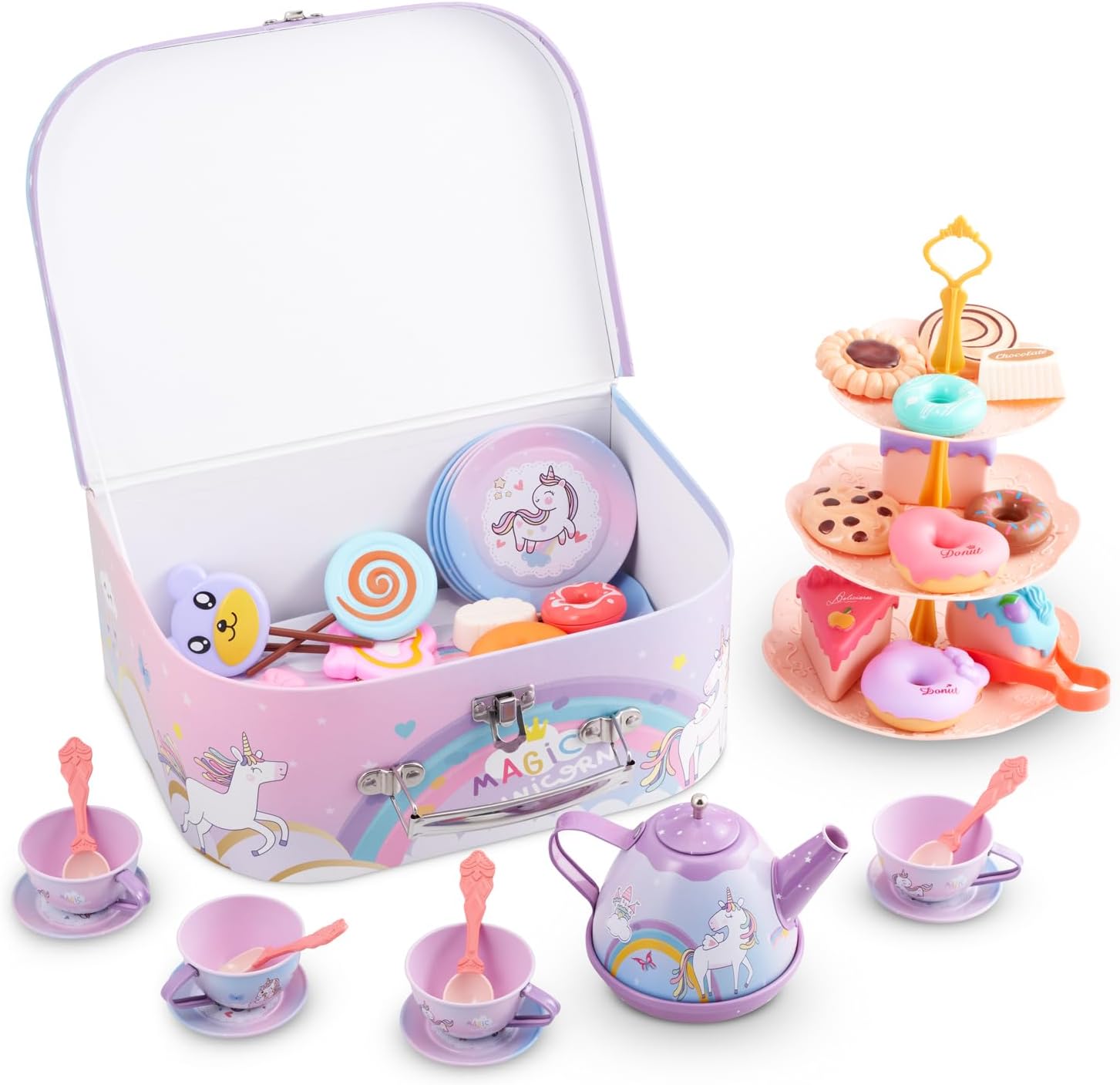 Unicorn Kids Tea Party Set - 50-Piece Unicorn Design Toy Tea Set For Kids 3-12 Years