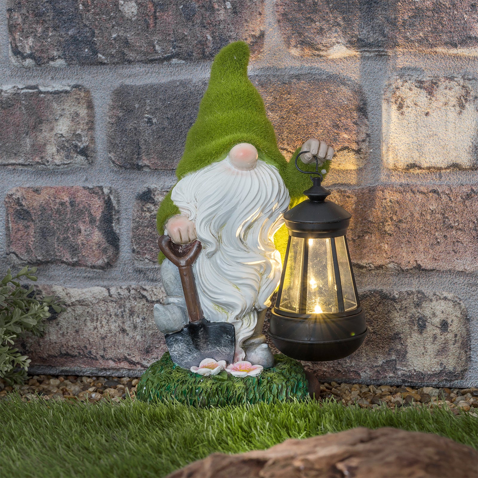 Solar Flocked Garden Gnome With Lantern