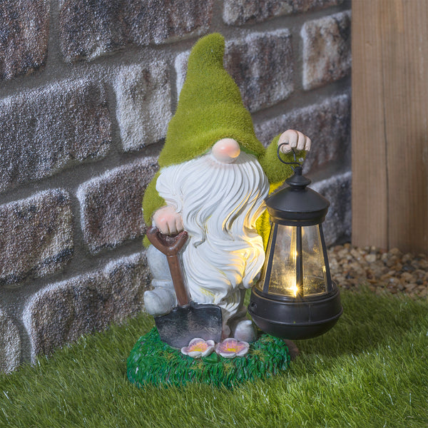 Solar Flocked Garden Gnome With Lantern