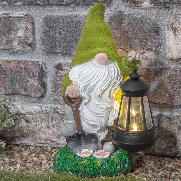 Solar Flocked Garden Gnome With Lantern