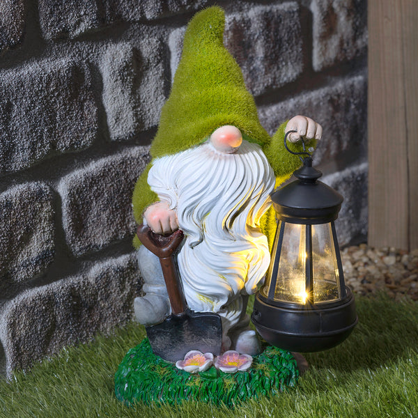 Solar Flocked Garden Gnome With Lantern