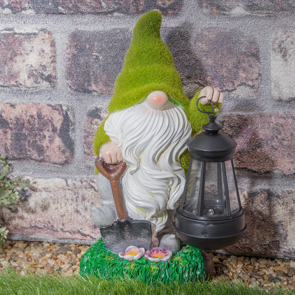 Solar Flocked Garden Gnome With Lantern