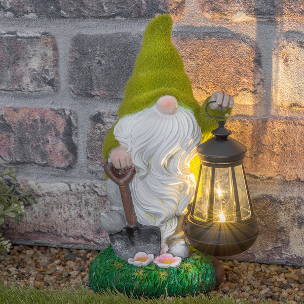 Solar Flocked Garden Gnome With Lantern