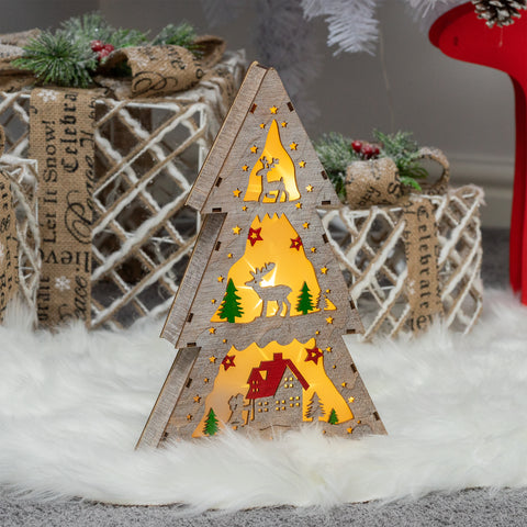 10 LED Wooden Christmas Tree with Reindeer/House