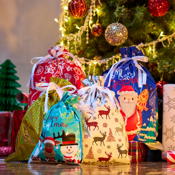 Reusable Christmas Drawstring Gift Bags With Tags