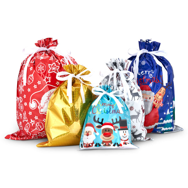 Reusable Christmas Drawstring Gift Bags With Tags