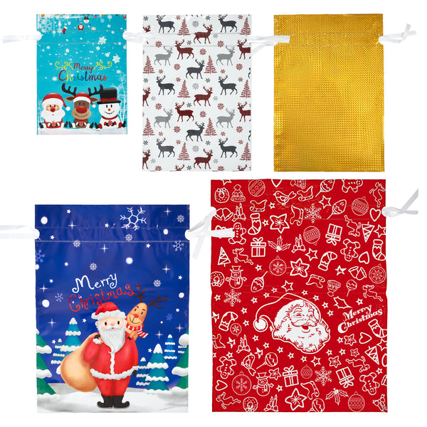 Reusable Christmas Drawstring Gift Bags With Tags