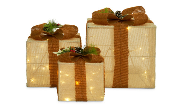 Set of 3 Illuminated LED Gold Bow Christmas Boxes