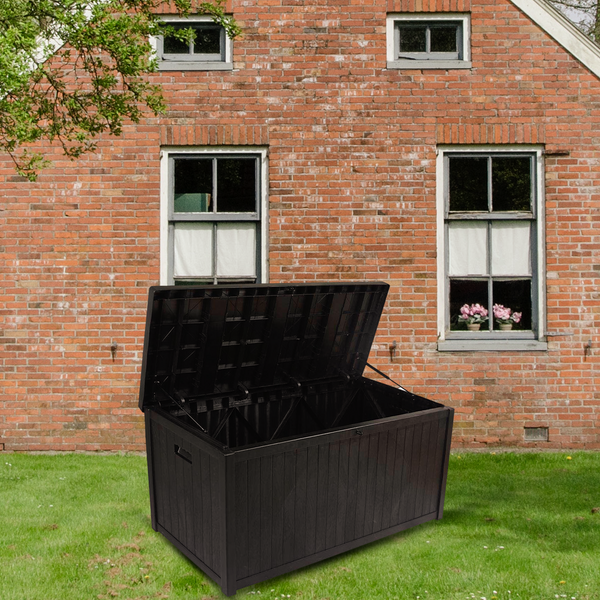 Indoor/Outdoor Rattan Weave Effect Garden Storage Box Plastic Cushion Box 430L